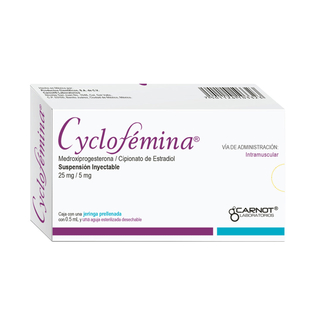 CYCLOFEMINA ANTICONCEPTIVO HORMONAL ACTATO DE MEDROXIPROGESTERONA  CIPIONATO DE ESTRADIOL CONTRA EMBARAZO Y QUISTES OVARICOS 
