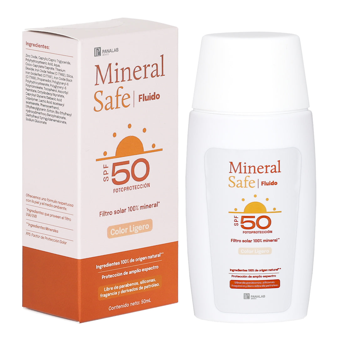 MINERAL SAFE FLUIDO COLOR LIGERO FILTRO SOLAR FPS50 FILTROS MINERALES CONTRA RAYOS UVA/UVB ACIDO HIALURONICO 