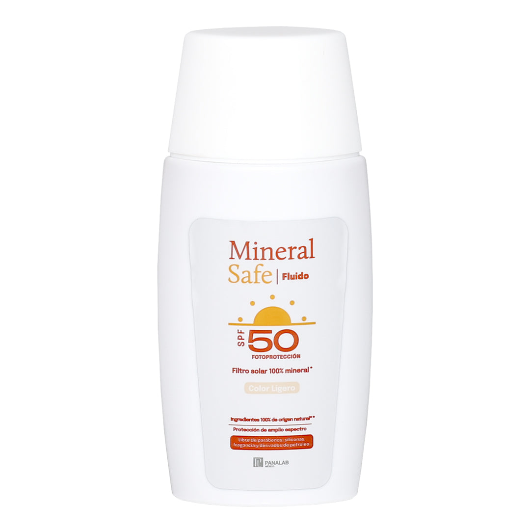 MINERAL SAFE FLUIDO COLOR LIGERO FILTRO SOLAR FPS50 FILTROS MINERALES CONTRA RAYOS UVA/UVB ACIDO HIALURONICO 