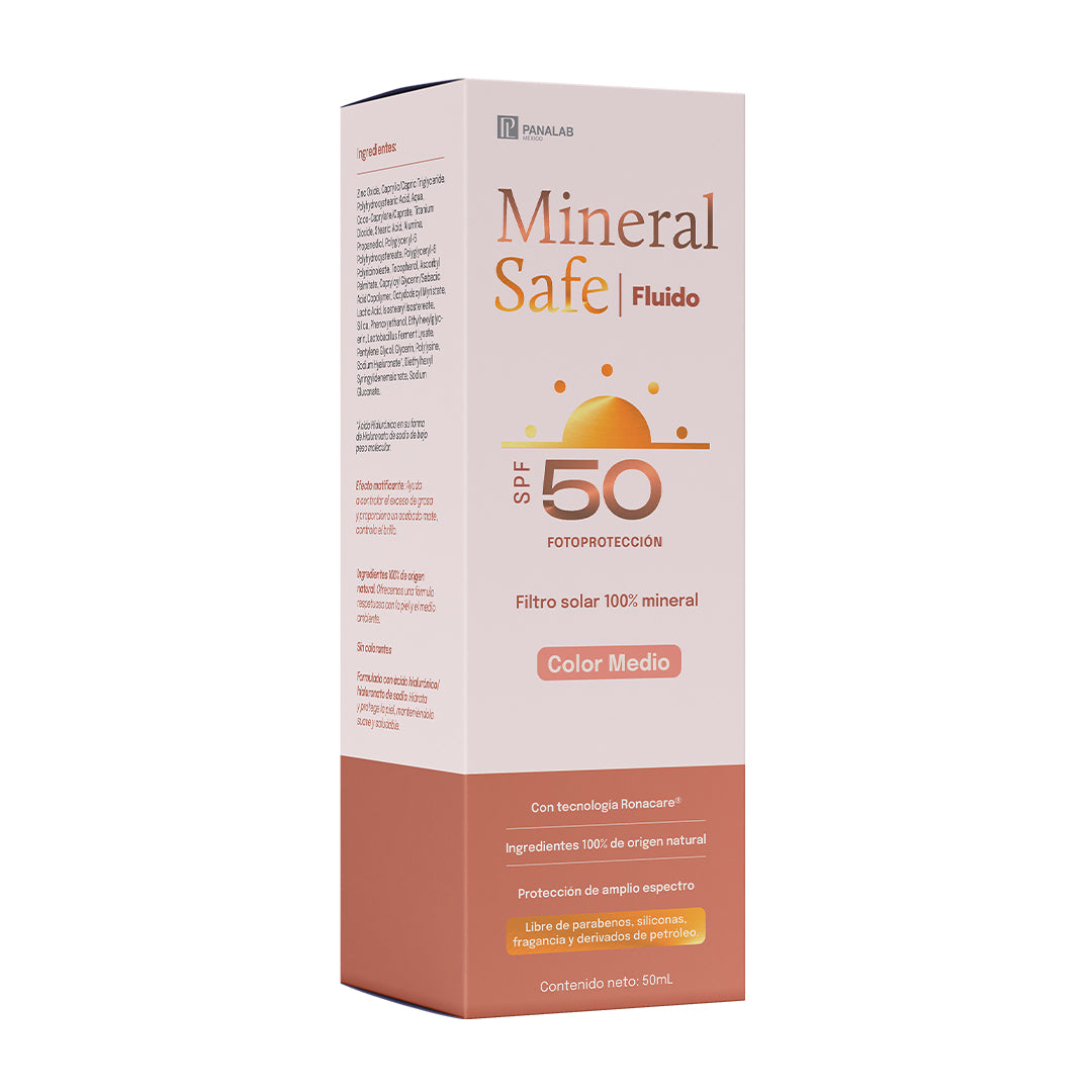 MINERAL SAFE FLUIDO COLOR MEDIO FILTRO SOLAR FPS50 FILTROS MINERALES CONTRA RAYOS UVA/UVB ACIDO HIALURONICO 