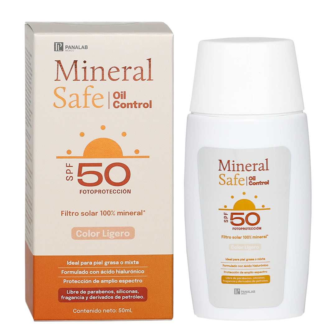 MINERAL SAFE OIL PIELES GRASAS  COLOR LIGERO FILTRO SOLAR FPS50 FILTROS MINERALES CON OXIDO DE  ZINC CONTRA RAYOS UVA/UVB ACIDO HIALURONICO VITAMINA E 