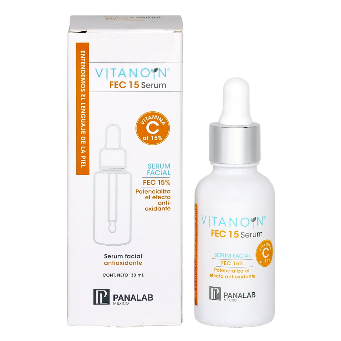 VITANOIN FEC 15% SERUM VITAMINA C VITAMINA E, ACIDO FERULICO, ANTIOXIDANTE, HIDRATANTE, PIEL LUMINOSA, PREVIENE HIPERPIGMENTACION, LINEAS DE EXPRESION, ENVEJECIMIENTO 